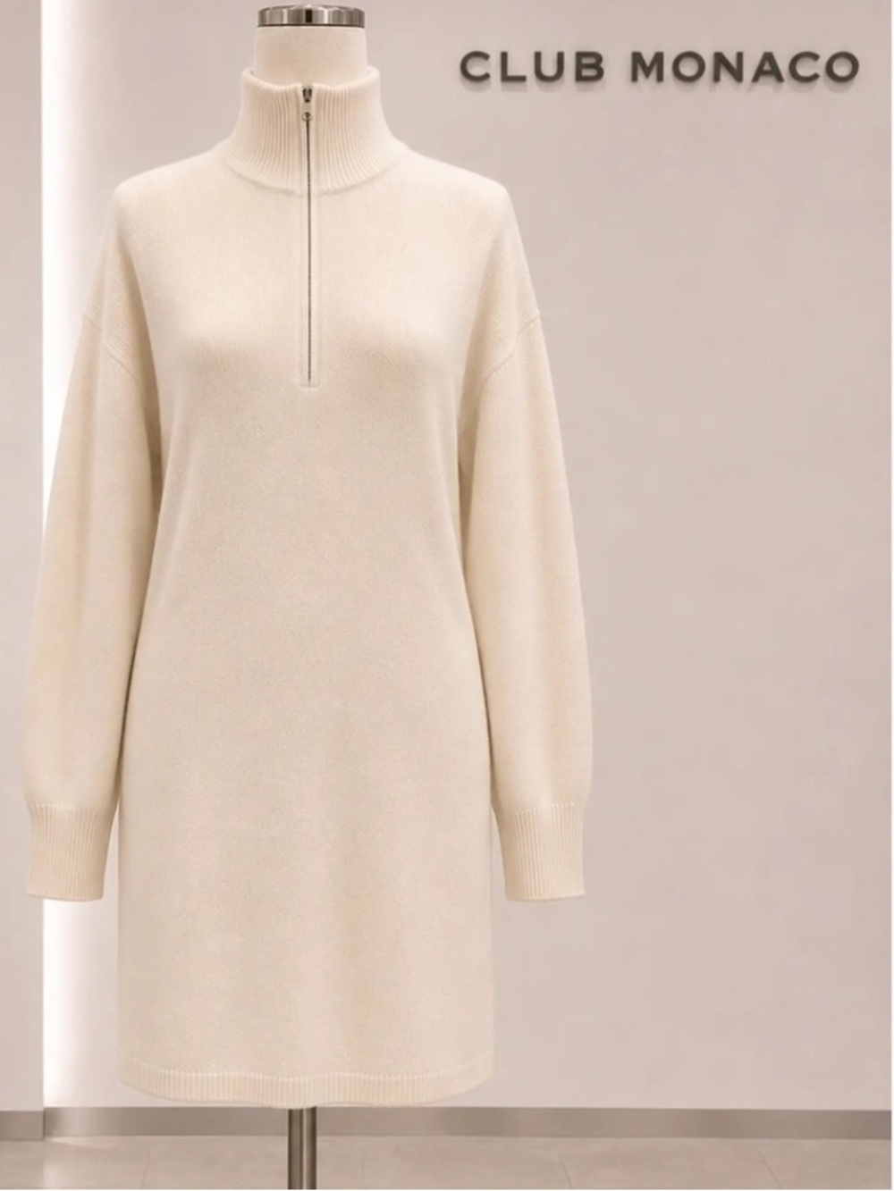 Club Monaco Medium Cream Wool Blend Long Sleeve Quarter Zip Sweater Dress B12